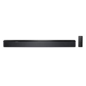 A sleek black soundbar with a minimalist design accompanied by a remote control, featuring the distinct Bose branding.