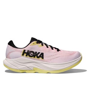 Pink HOKA running shoe with black and yellow accents, featuring a cushioned sole and breathable mesh upper.