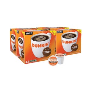 Dunkin' Original Blend Medium Roast K-Cups for Keurig include 352 pods, with four packs of 88 each, highlighting a value pack design. The packaging is orange and features a cup of coffee on the front.