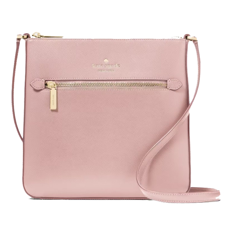 A blush pink crossbody bag with a slim design, featuring a front zipper pocket and an adjustable shoulder strap, branded with a logo at the top center.
