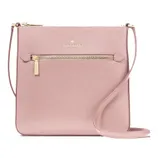 A blush pink crossbody bag with a slim design, featuring a front zipper pocket and an adjustable shoulder strap, branded with a logo at the top center.