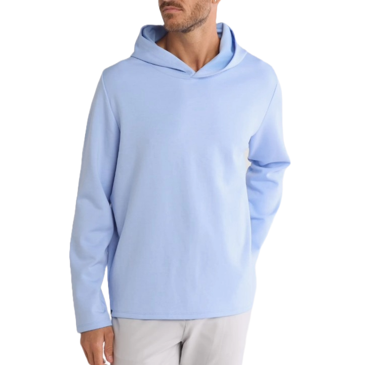 Light blue Callaway Crossover Golf Hoodie with a relaxed fit, long sleeves, and a hood. Made from a soft, breathable fabric designed for comfort and mobility during play.