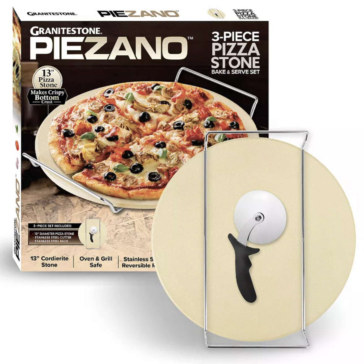 GraniteStone Piezano 3-piece pizza stone bake and serve set includes a 13\“ cordierite stone, stainless steel cutter, and steel rack; oven and grill safe.