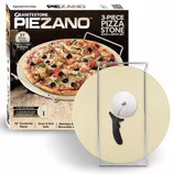 GraniteStone Piezano 3-piece pizza stone bake and serve set includes a 13\“ cordierite stone, stainless steel cutter, and steel rack; oven and grill safe.