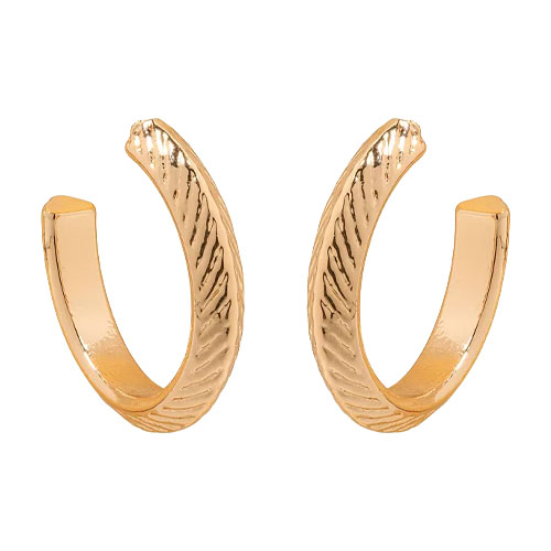 A pair of textured open gold hoop earrings with a subtle wavy design.