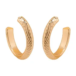 A pair of textured open gold hoop earrings with a subtle wavy design.