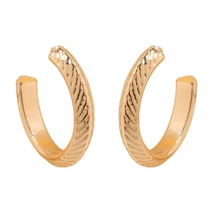 A pair of textured open gold hoop earrings with a subtle wavy design.