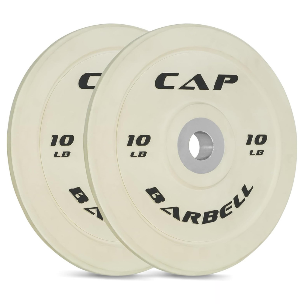 Pair of CAP Barbell 10 lb bumper plates with a beige color and center metal ring, suitable for weightlifting and strength training.