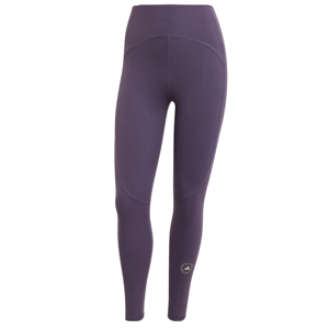 High-rise, full-length yoga leggings in dark purple with a small circular logo near the ankle.