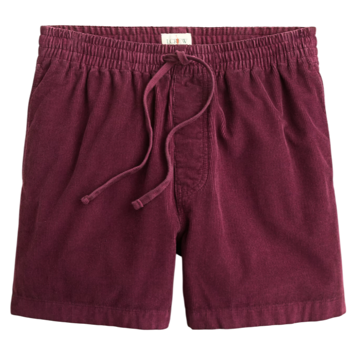 Burgundy corduroy shorts with an elastic waistband and drawstring closure.