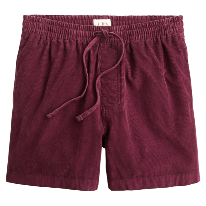 Burgundy corduroy shorts with an elastic waistband and drawstring closure.