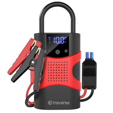 Portable device combining a car jump starter and tire inflator, featuring a digital display, red and black battery clamps, and a power cord.