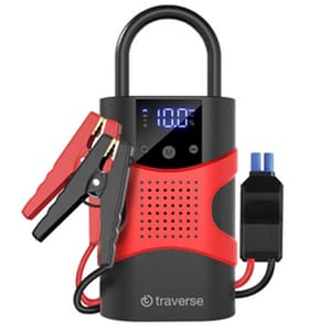 Portable device combining a car jump starter and tire inflator, featuring a digital display, red and black battery clamps, and a power cord.