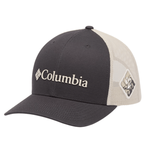 A black and white Columbia mesh trucker hat with a curved brim, featuring the brand's logo on the front and mesh back panels for ventilation.