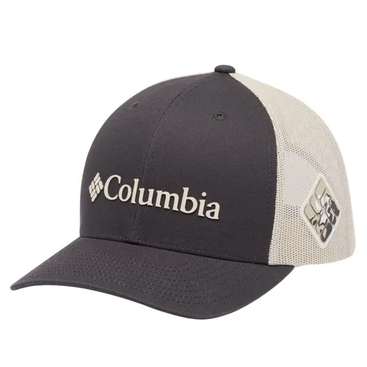 A black and white Columbia mesh trucker hat with a curved brim, featuring the brand's logo on the front and mesh back panels for ventilation.