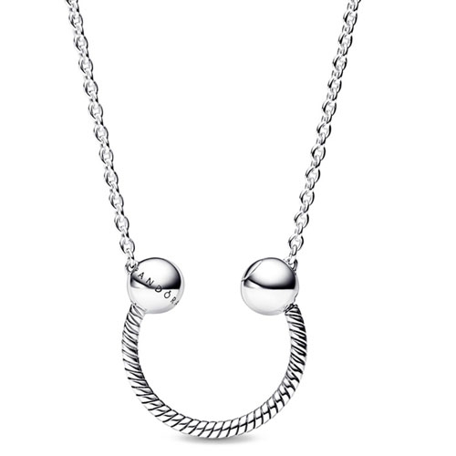 A silver necklace featuring a twisted U-shaped pendant with two smooth round beads on each end, one engraved with \“PANDORA,\“ attached to a chain.