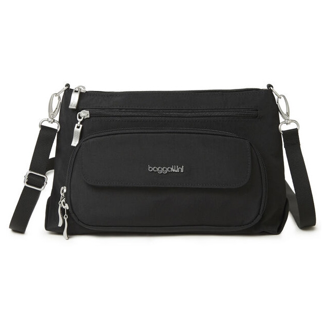 The Baggallini Original Everyday Bag is a compact, black crossbody bag featuring multiple zippered pockets and an adjustable strap. It's designed for organization and convenience, with a front flap pocket for easy access to essentials.
