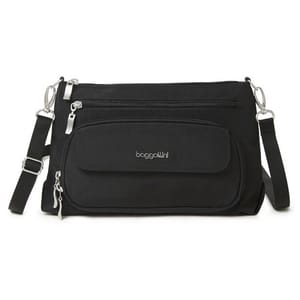 The Baggallini Original Everyday Bag is a compact, black crossbody bag featuring multiple zippered pockets and an adjustable strap. It's designed for organization and convenience, with a front flap pocket for easy access to essentials.