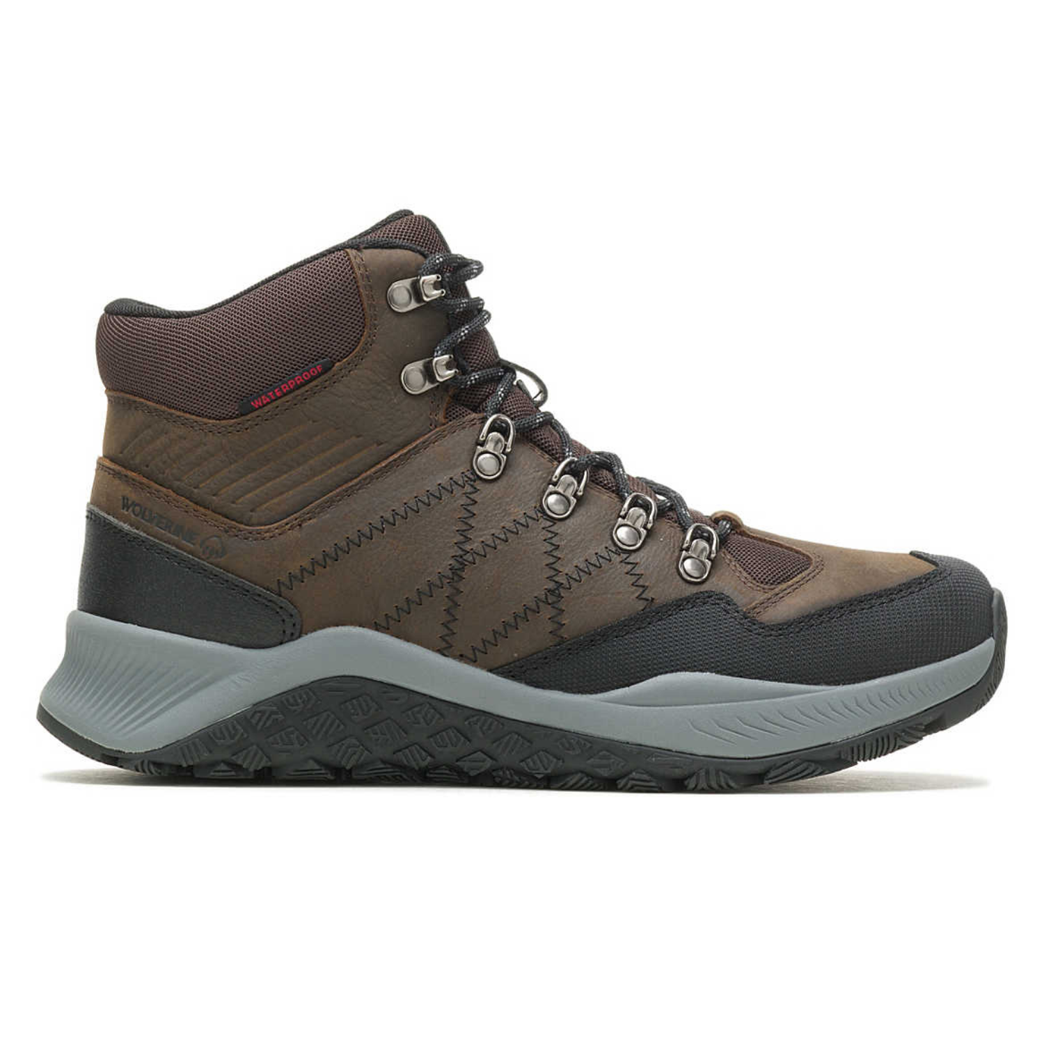 Wolverine Luton Hiking Boots feature brown leather uppers with waterproof construction, a lace-up closure with metal hooks, and a durable rubber outsole for traction.