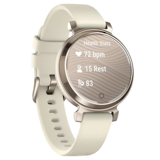 A round smartwatch with a beige strap displays health stats, including heart rate at 72 bpm, rest at 15, and another indicator at 83.
