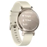 A round smartwatch with a beige strap displays health stats, including heart rate at 72 bpm, rest at 15, and another indicator at 83.