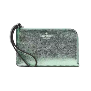 A metallic green wristlet wallet with a zippered closure and brand logo on the front.