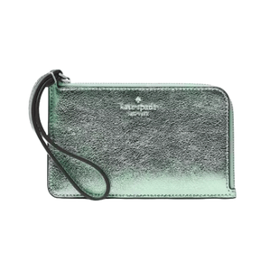 A metallic green wristlet wallet with a zippered closure and brand logo on the front.