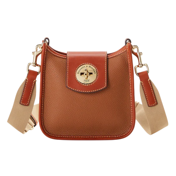 A brown leather crossbody bag featuring a flap with a circular gold-tone clasp and an adjustable beige strap with leather accents.