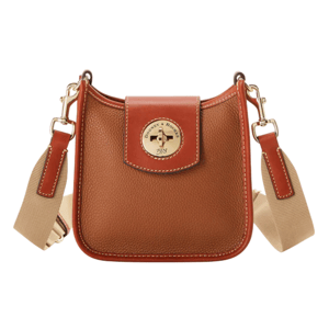 A brown leather crossbody bag featuring a flap with a circular gold-tone clasp and an adjustable beige strap with leather accents.