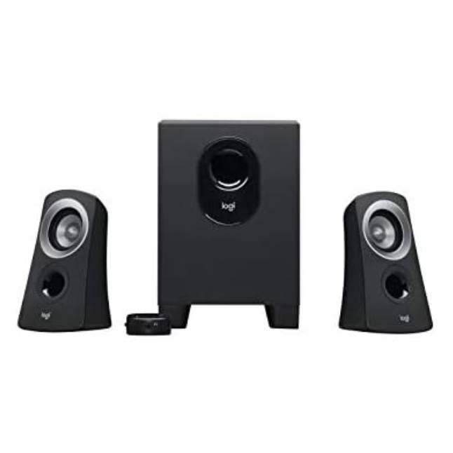 A black Logitech speaker system featuring two satellite speakers, a subwoofer, and a wired remote control.