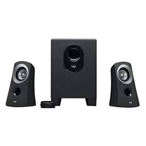 A black Logitech speaker system featuring two satellite speakers, a subwoofer, and a wired remote control.