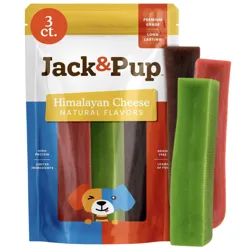 Jack & Pup Himalayan Cheese Natural Flavors dog treats, 3-count pack, described as premium grade, long-lasting, high protein, grain-free, and made with limited ingredients.
