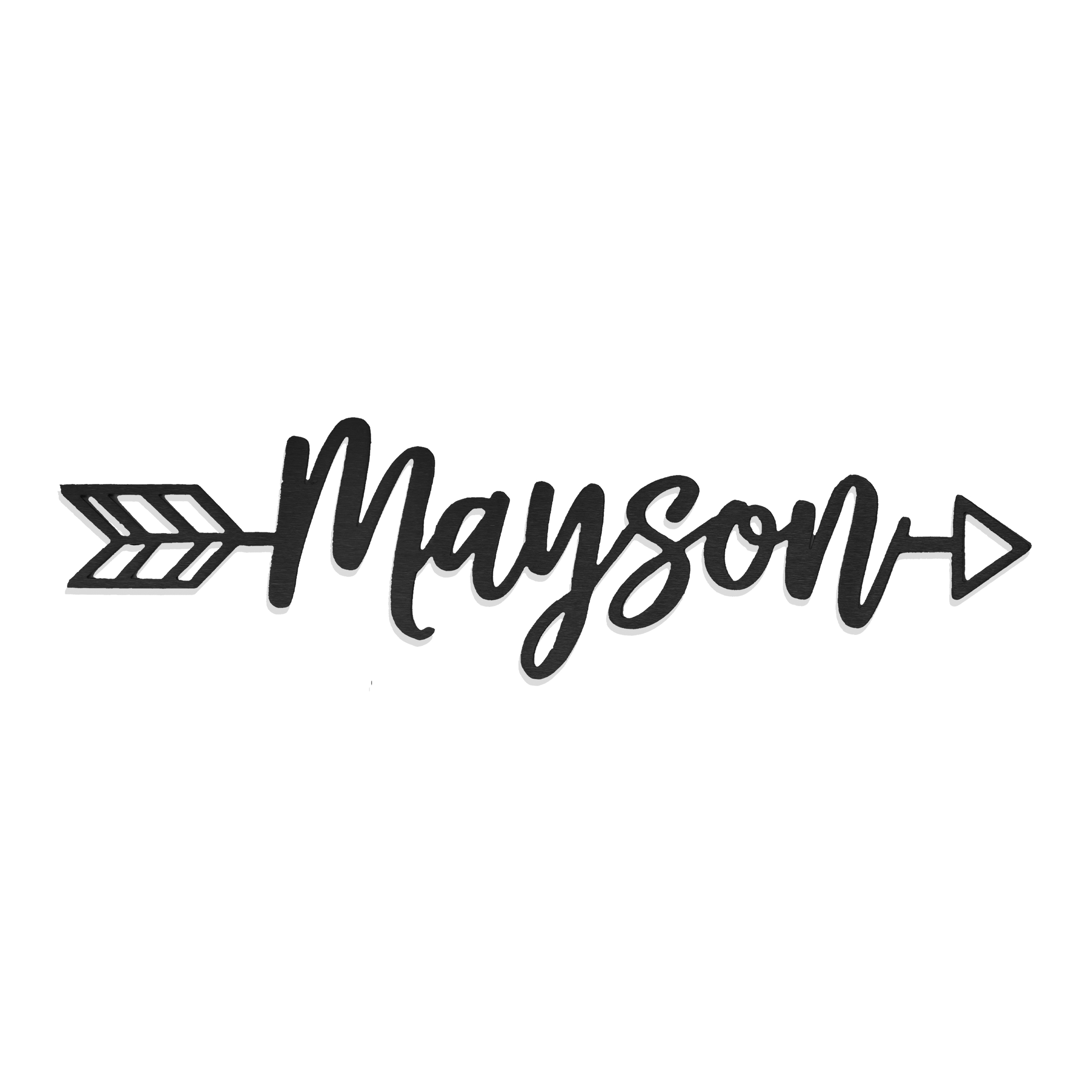 Black script-style cutout sign with \“Mayson\“ in cursive font, embellished with an arrow design.