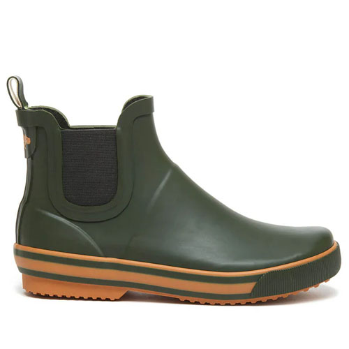 Green Chelsea-style rain boot with a black elastic side panel, brown sole, and pull tab at the back.