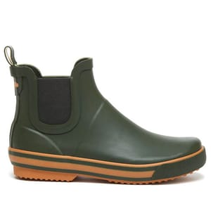 Green Chelsea-style rain boot with a black elastic side panel, brown sole, and pull tab at the back.