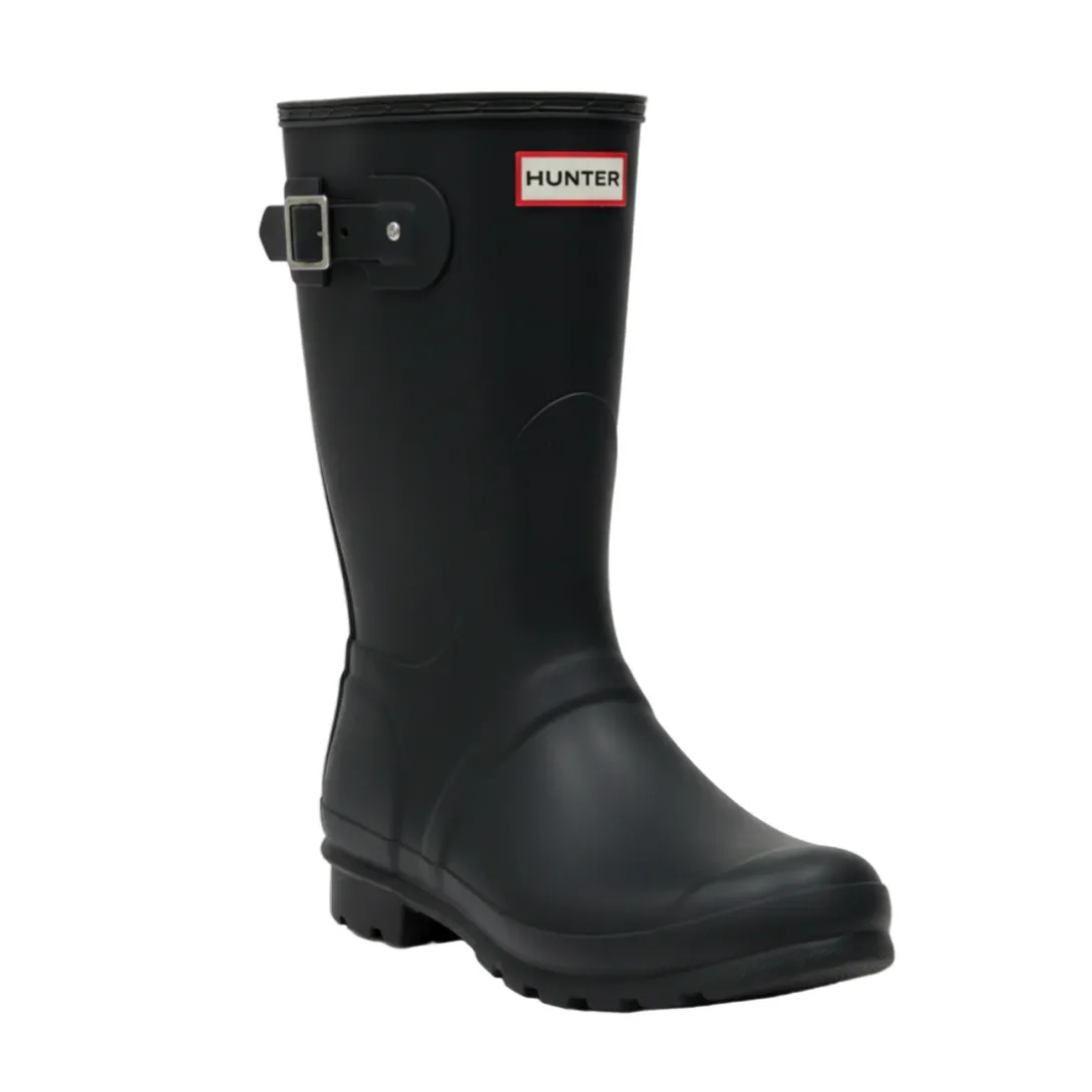 Black Hunter rain boot with adjustable side buckle and textured sole for grip.