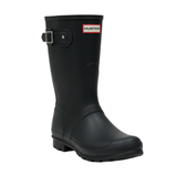 Black Hunter rain boot with adjustable side buckle and textured sole for grip.