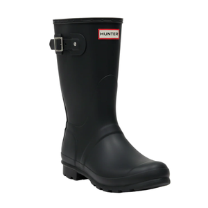 Black Hunter rain boot with adjustable side buckle and textured sole for grip.