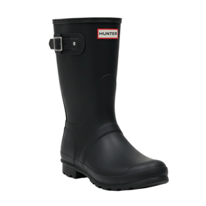 Black Hunter rain boot with adjustable side buckle and textured sole for grip.