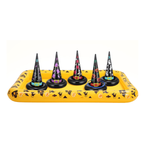 Inflatable Halloween ring toss game with five witch hat targets on a yellow base, featuring festive designs and score numbers.