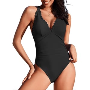 A black one-piece swimsuit featuring scalloped edges and a V-neck design.