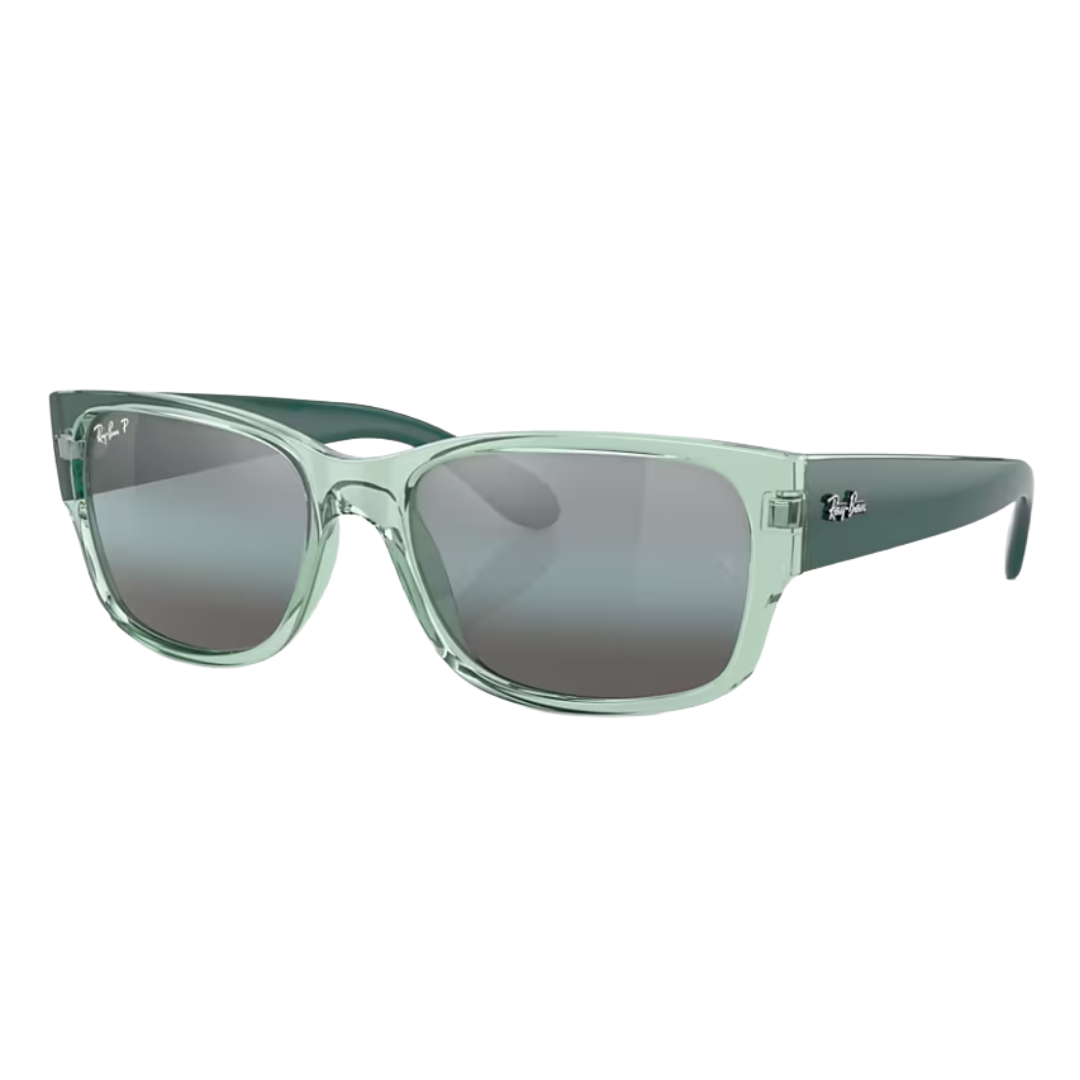 Translucent green square-shaped sunglasses with dark lenses and Ray-Ban logo on the arms.