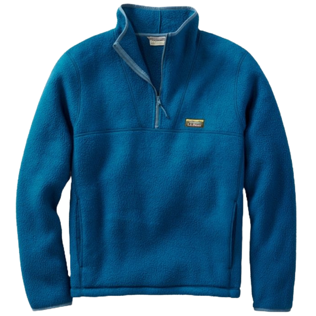 Blue L.L.Bean Katahdin quarter-zip fleece pullover with a stand-up collar and a small chest patch logo. Designed for warmth and casual wear.
