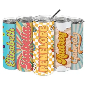 Five customizable retro tumblers with metal straws, each displaying a unique name—Elizabeth, Isabella, Penelope, Audrey, and Gabriel—in vibrant, stylized fonts against colorful, patterned backgrounds.