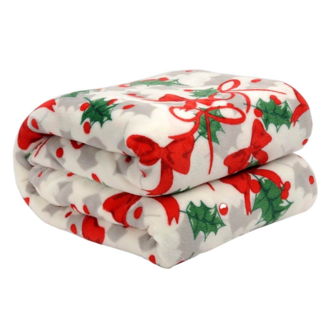 A plush, white blanket featuring a festive pattern with red bows, green holly leaves, and red berries, ideal for holiday-themed decor.