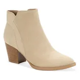 Beige suede ankle boot with a stacked wooden heel and almond toe design.