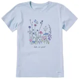 Light blue T-shirt with a floral and butterfly design, featuring various pastel-colored flowers. The phrase \“life is good\“ is written below the illustration.
