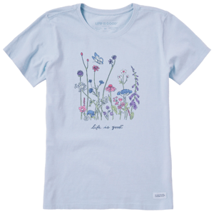 Light blue T-shirt with a floral and butterfly design, featuring various pastel-colored flowers. The phrase \“life is good\“ is written below the illustration.