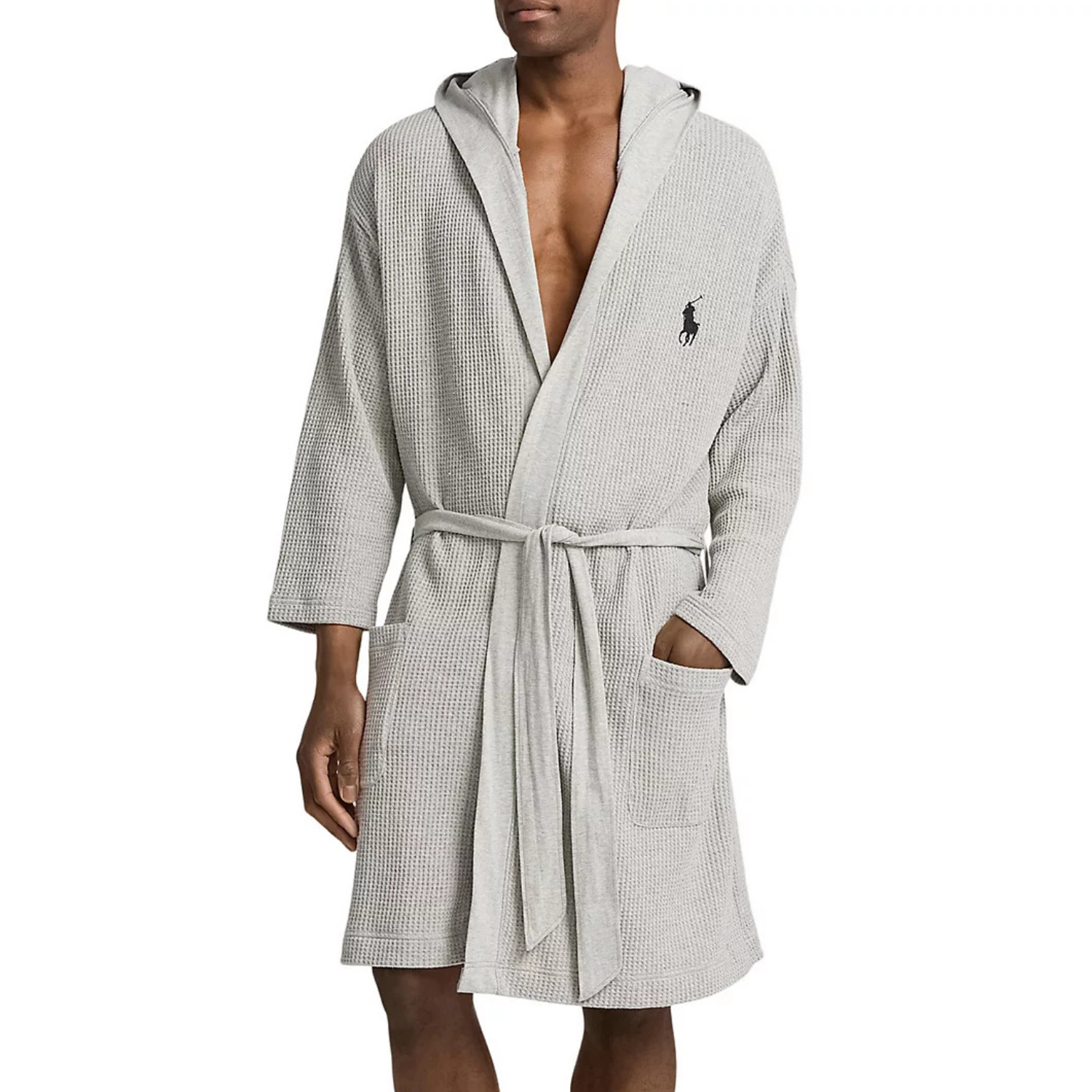 A gray hooded robe from Polo Ralph Lauren with a waffle texture, featuring a belt, two front pockets, and an embroidered logo on the chest.