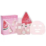 Glow Recipe Watermelon Glow Dewy Skin Routine set includes a jelly sheet mask, toner, PHA+BHA pore-tight toner, and niacinamide dew drops, all presented in pink packaging inspired by watermelons.